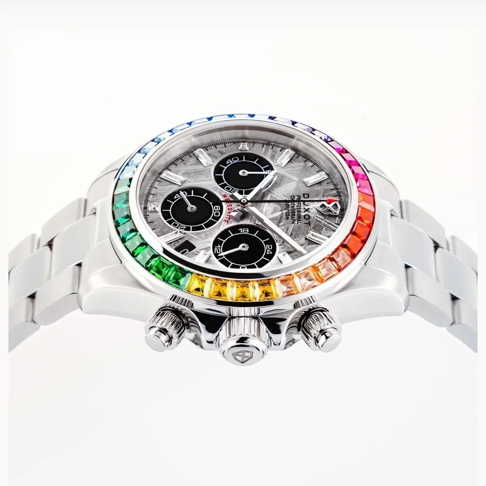 RARE NWT Duxot Accelero Meteorite Dial Rainbow Bezel Chronograph Watch
